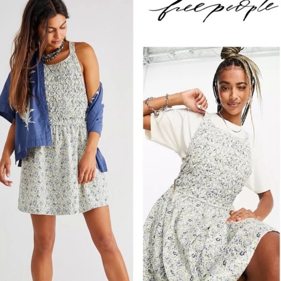 NWT Free People Petunia Mini Dress XS Blue Floral Cottagecore Boho Prairie Dress - Picture 1 of 16